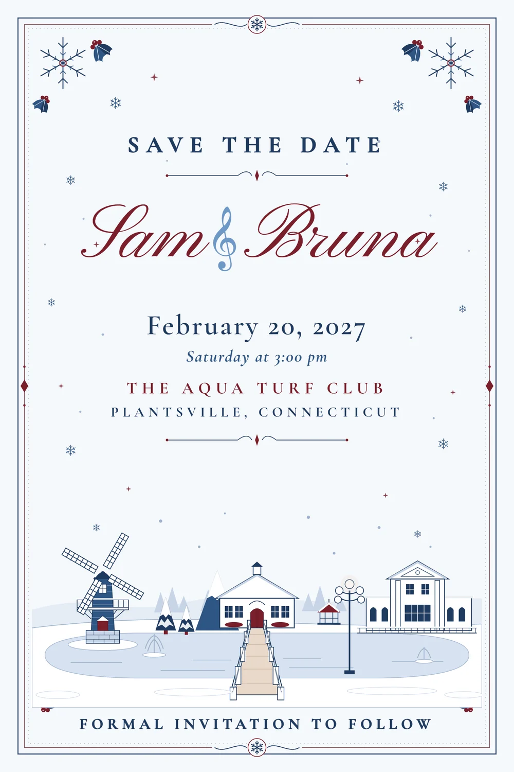 Save the date card: Sam and Bruna, February 20, 2027, Saturday at 3:00 pm, The Aqua Turf Club, Plantsville, Connecticut.